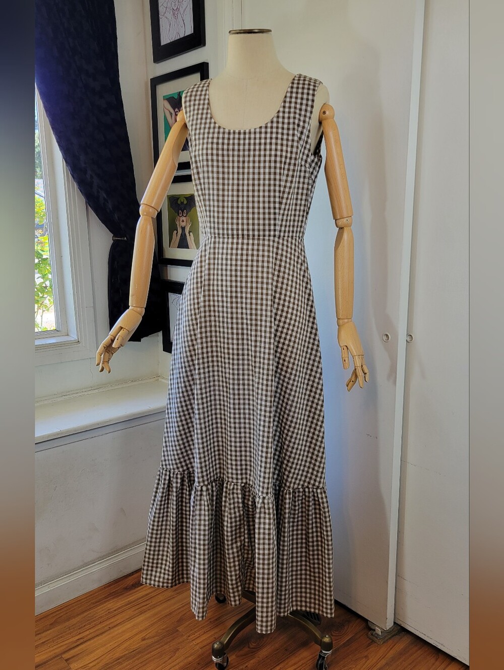 VTG Custom Made Sleeveless Gingham Maxi Dress - Brown/White With Ruffled Hem